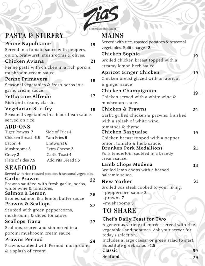 All Day Menu – Zias Stonehouse Restaurant